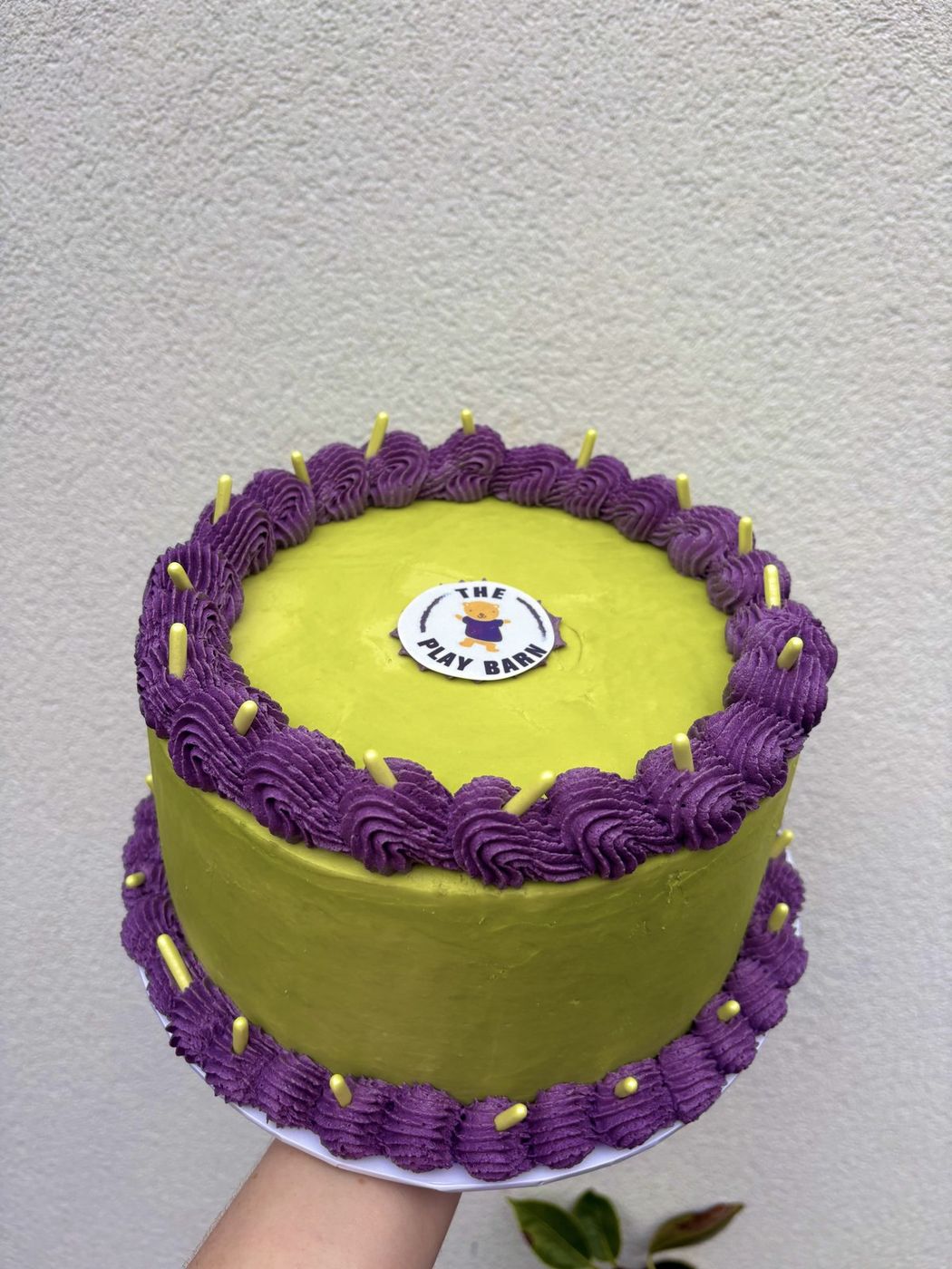 Green and purple celebration cake with The Play Barn edible topper