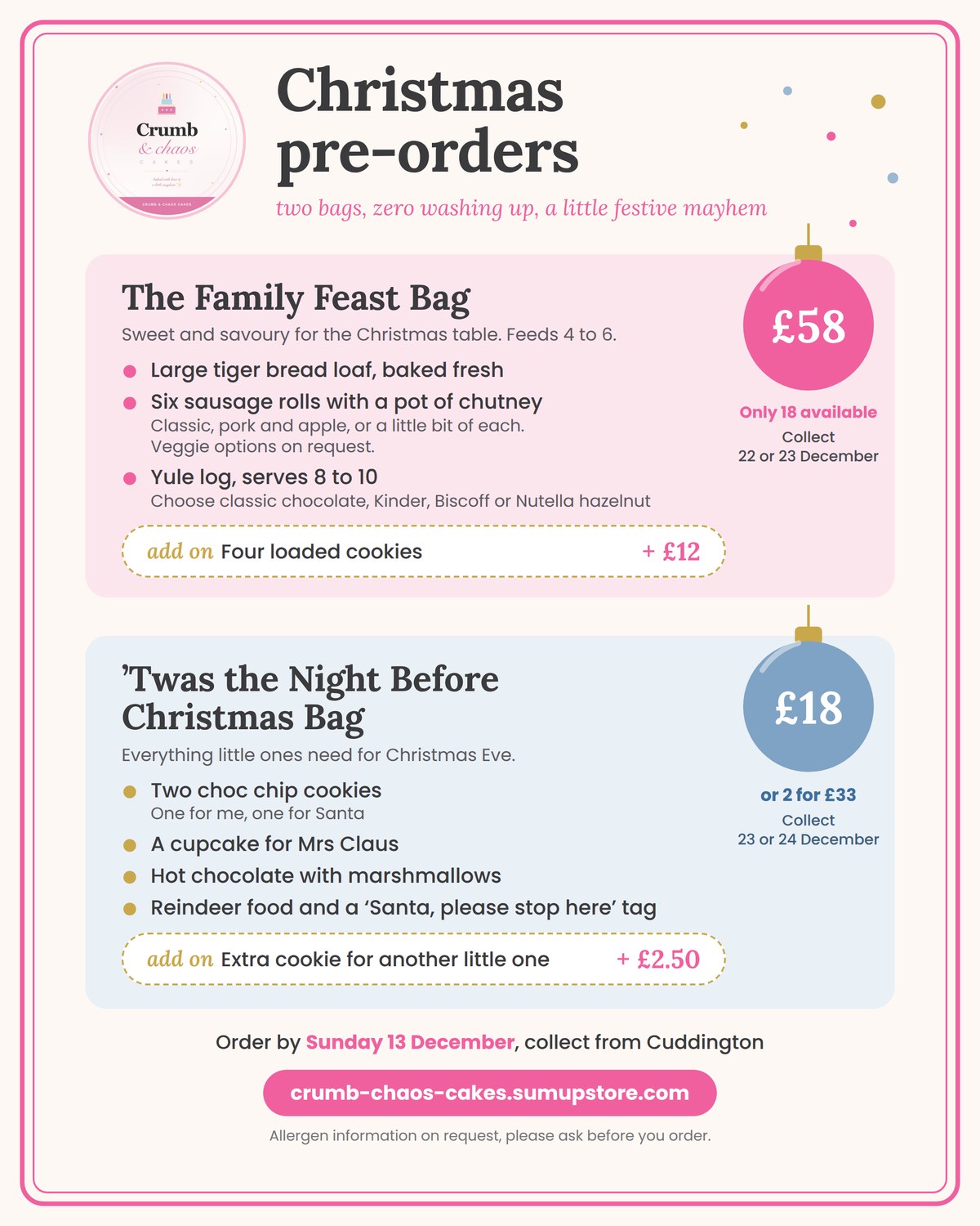 Crumb & Chaos Cakes Christmas pre-order menu: The Family Feast Bag £58 and the 'Twas the Night Before Christmas Bag £18, collection from Cuddington near Northwich
