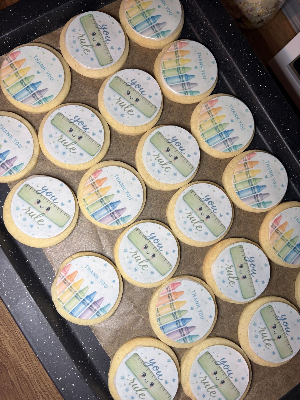 Personalised end of term biscuits with You Rule and Thank You edible toppers