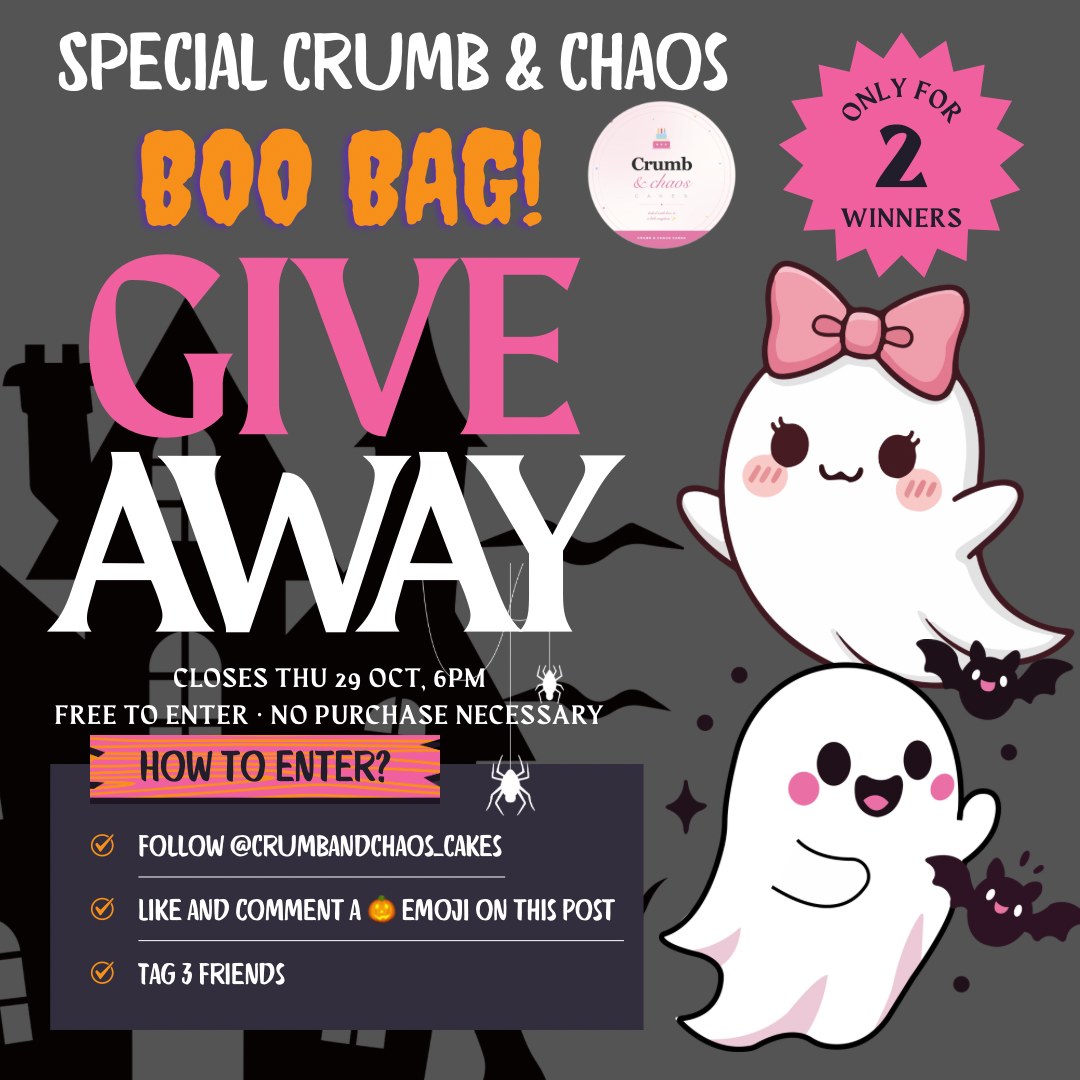 Special Crumb & Chaos Boo Bag giveaway, only for 2 winners. To enter: follow @crumbandchaos_cakes, like and comment a pumpkin emoji on the post, and tag 3 friends. Closes Thursday 29 October, 6pm. Free to enter, no purchase necessary