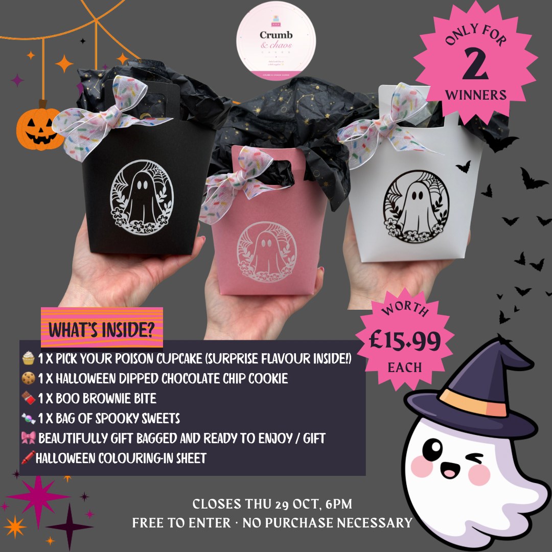 Pink, black and white Halloween Boo Bags, worth Β£15.99 each. Inside: a Pick Your Poison cupcake, a Halloween dipped chocolate chip cookie, a Boo Brownie Bite, a bag of spooky sweets and a Halloween colouring-in sheet, gift bagged. Closes Thursday 29 October, 6pm. Free to enter, no purchase necessary