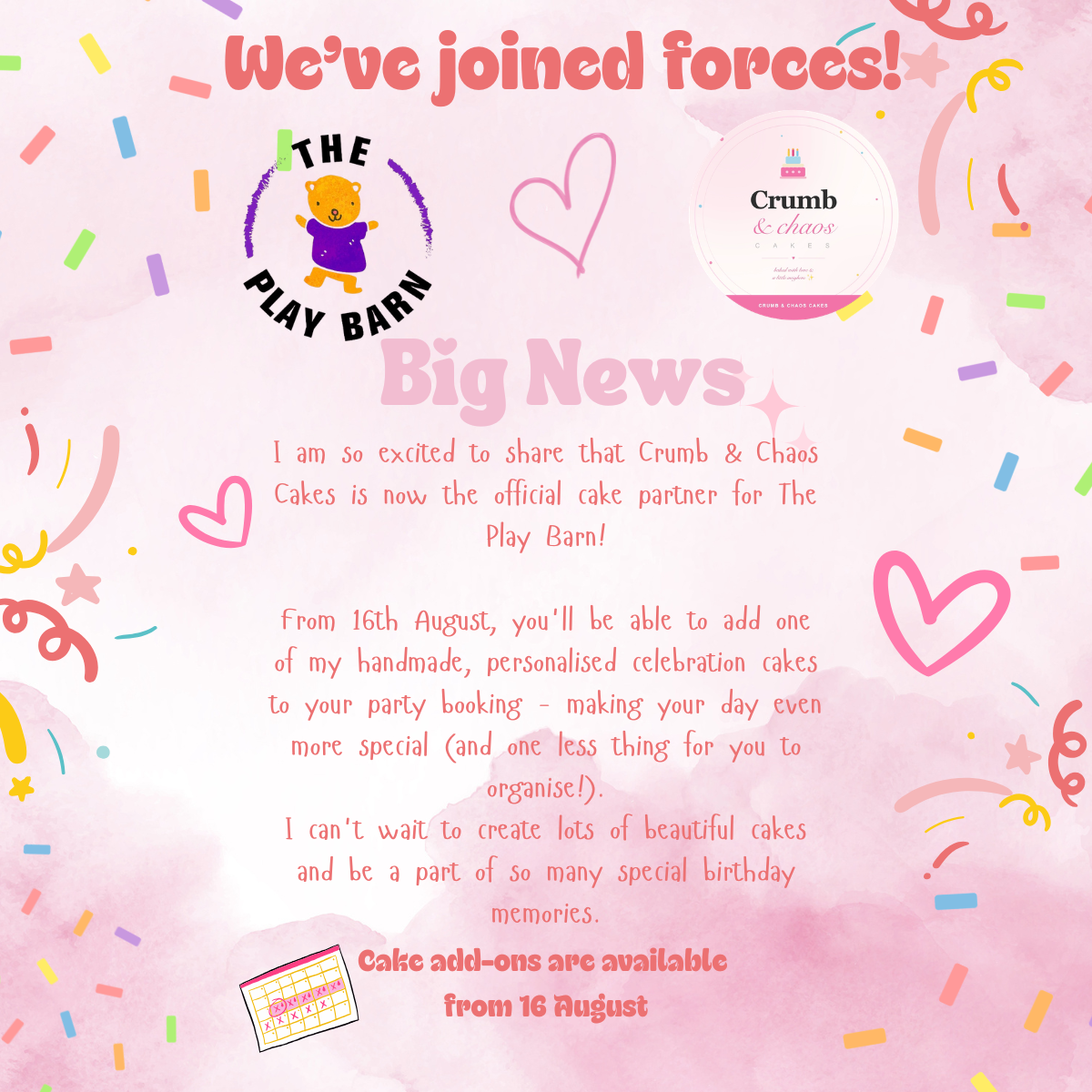 We've joined forces! Crumb & Chaos Cakes and The Play Barn partnership announcement